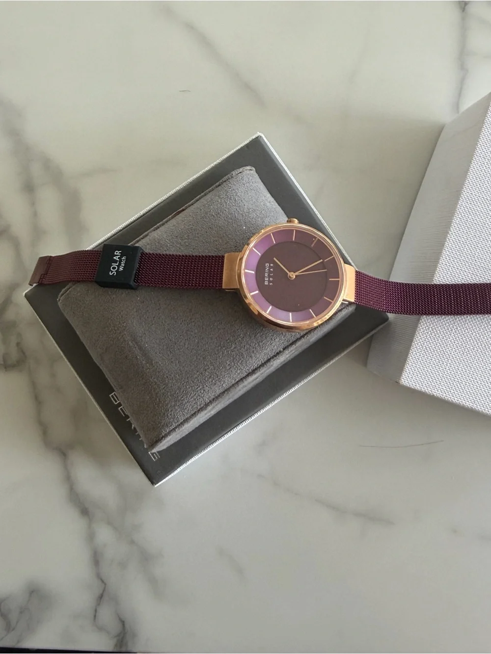 BERING Women's Solar Plum Dial Rose Gold Case Mesh Strap Watch